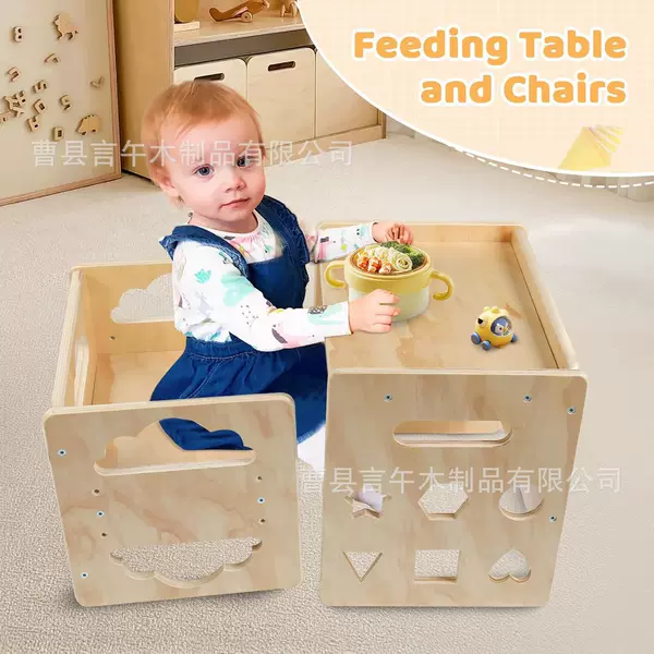 New Solid Wood Children's Dining Table and Chairs, Toddler Weaning Table and Chairs, Adjustable Height Activity Table, Step Stool, Learning Table