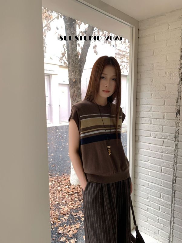 SUE十三行休闲百搭条纹无袖马甲背心女秋季新款韩系休闲上衣37170|undefined