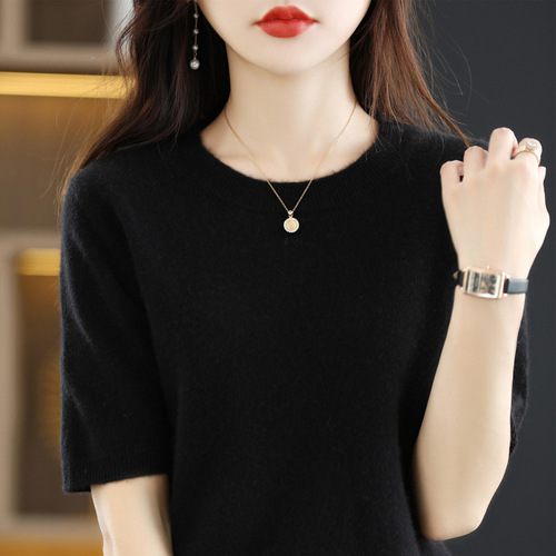 New knit short-sleeve loose T-shirt, layered with sweater, non-cashmere base shirt, suitable for spring and summer, short-sleeve top