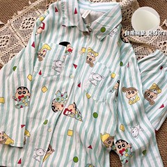 可爱蜡笔小新云朵棉睡衣女带胸垫春秋开衫长袖长裤韩版家居服套装