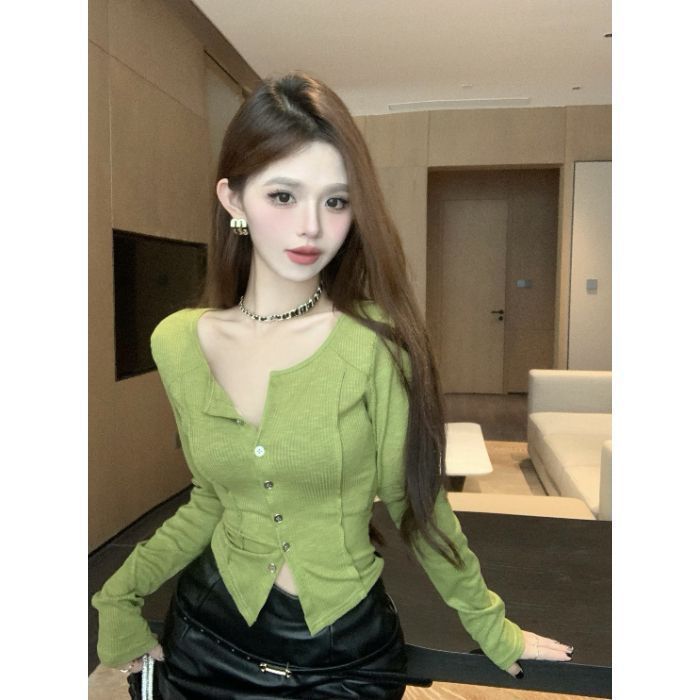 【工厂现货】竹节棉绿色长袖T恤女秋冬纯欲修身短上衣内搭打底衫|undefined