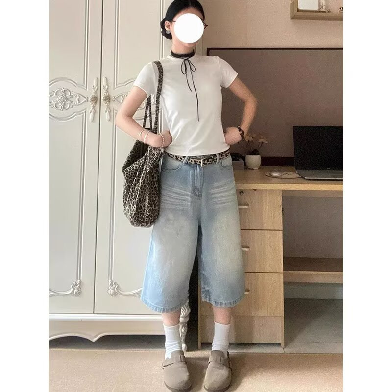 Light-Colored Distressed Cropped Jeans for Women, Summer New High-Waisted Casual Loose Slimming Wide-Leg Straight Mid-Length Pants