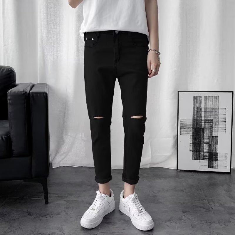 Summer Thin Black Knee Ripped Jeans Men's Korean-style Fashionable Slim-fit Ankle-length Pants