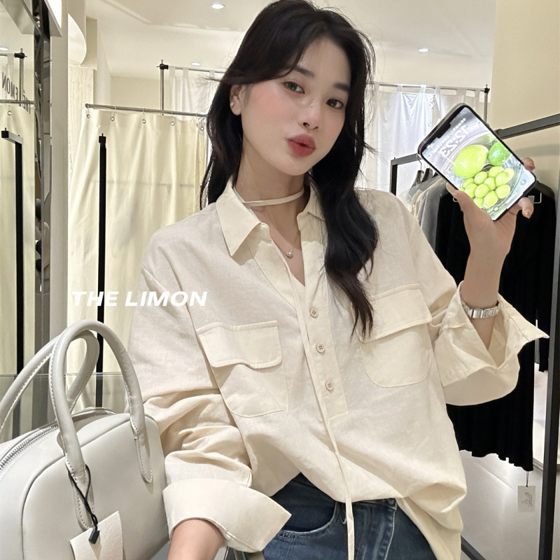 THE LIMON柠檬绿茶2025秋季韩标设计感系带收腰长袖衬衫减龄衬衣|undefined
