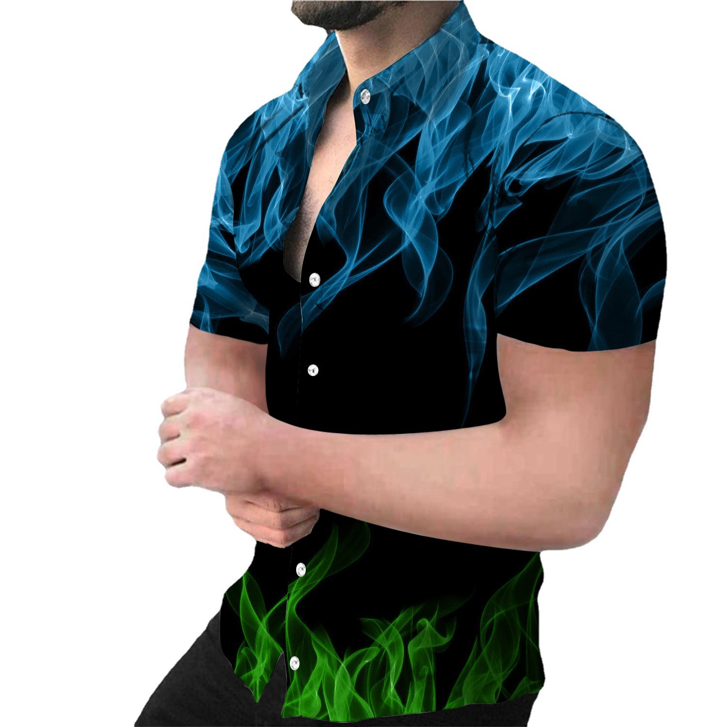 Nuevas camisas de impresión de hombres grandes transfronterizas, camisas de manga corta hawaianas, llamas de verano, camisas casuales impresas en 3D