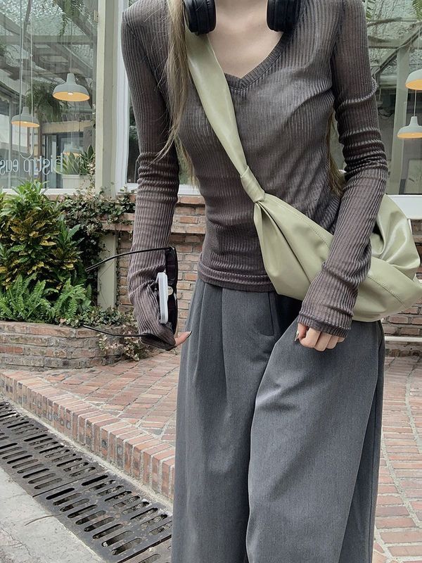 纯欲风v领长袖微透T恤女装夏季修身薄纱防晒罩衫辣妹上衣|undefined