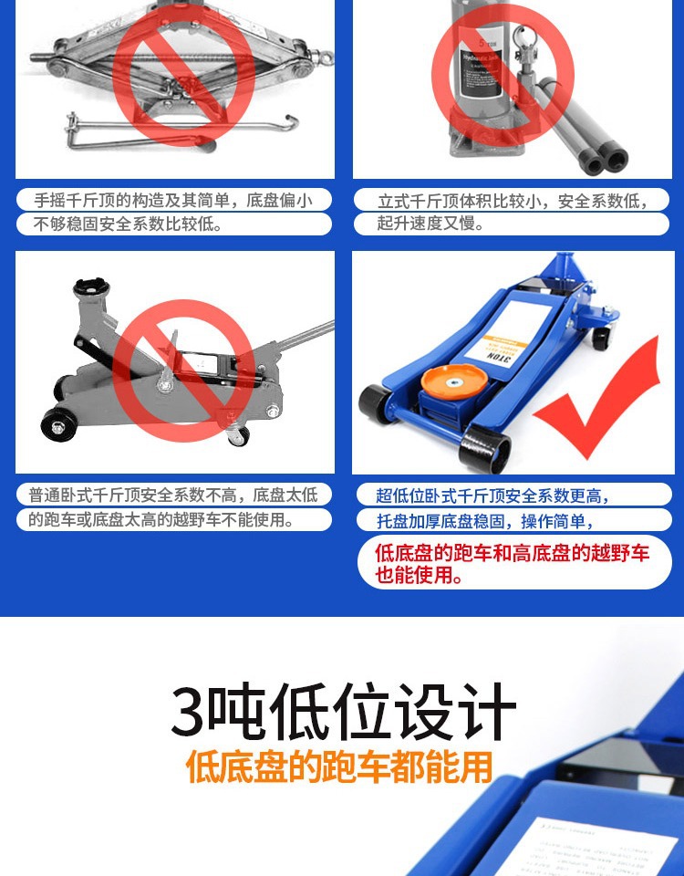 0kg Top Horizontal Hydraulic Oil Pressure Double Pump for Light Trucks and Sedans, 3-Ton Ultra-Thin Low-Position Pump for Tire Replacement