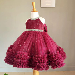 外貿女童公主掛脖式蝴蝶結禮服歐美兒童細閃蓬蓬紗珍珠裙走秀表夏