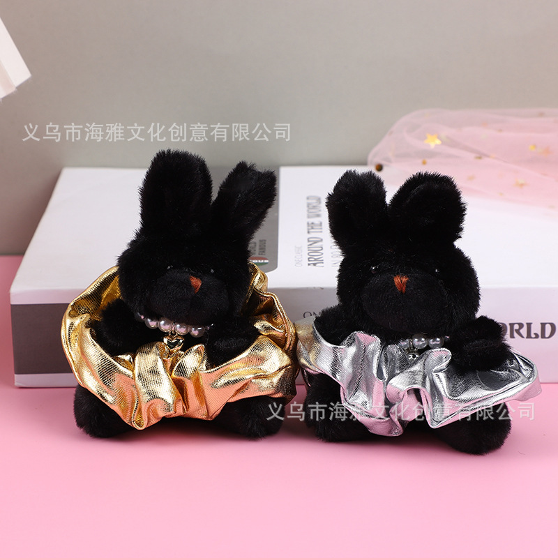 Llavero con colgante de conejo negro estilo coreano, con corazón de perlas, falda de colores brillantes, auriculares de conejo, para teléfono, mochila, coche