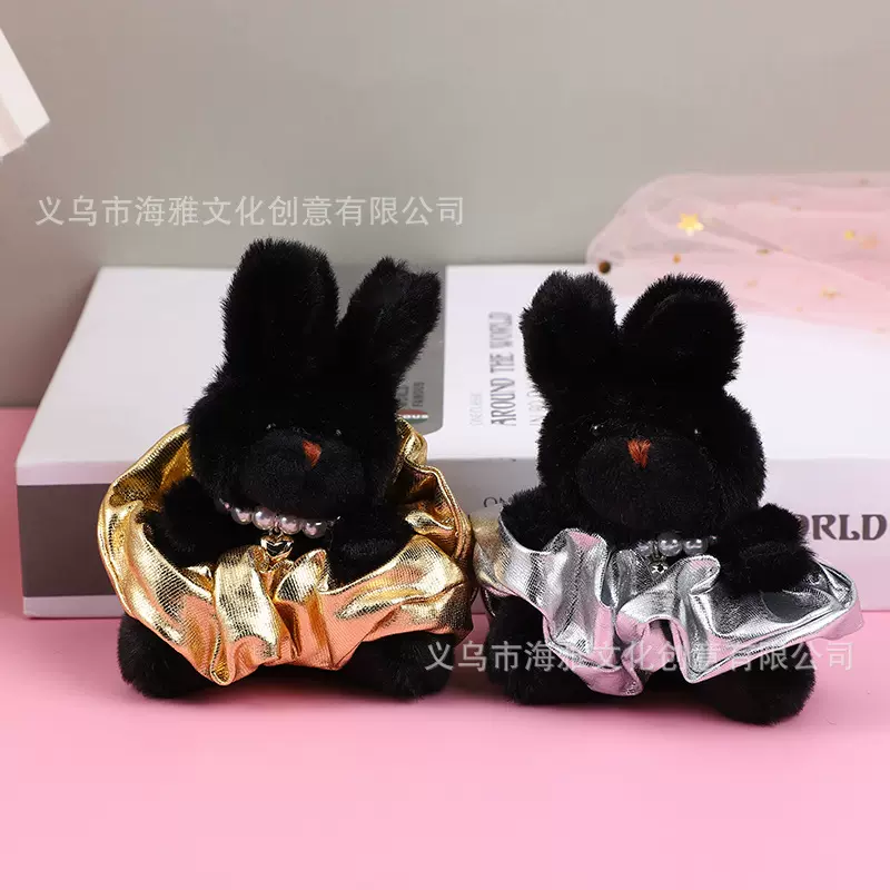 韩版黑色萌兔珍珠爱心项链钥匙扣亮色裙兔耳机手机背包车载挂件