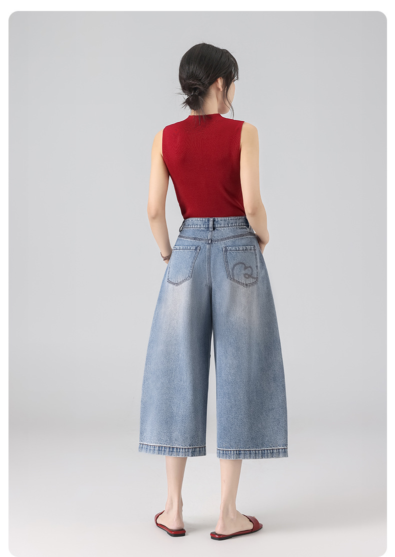 Quần jean nữ ống rộng cạp cao phong cách Mỹ retro, dáng suông rộng che khuyết điểm, dài 7–8 phân — màu xanh nhạt chi tiết 23