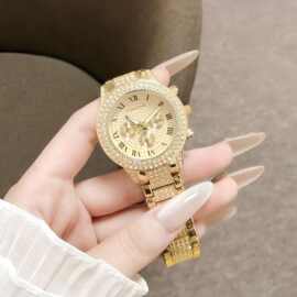 金色镶钻女款腕表罗马刻度精致表盘时尚轻奢女士金属表带石英表