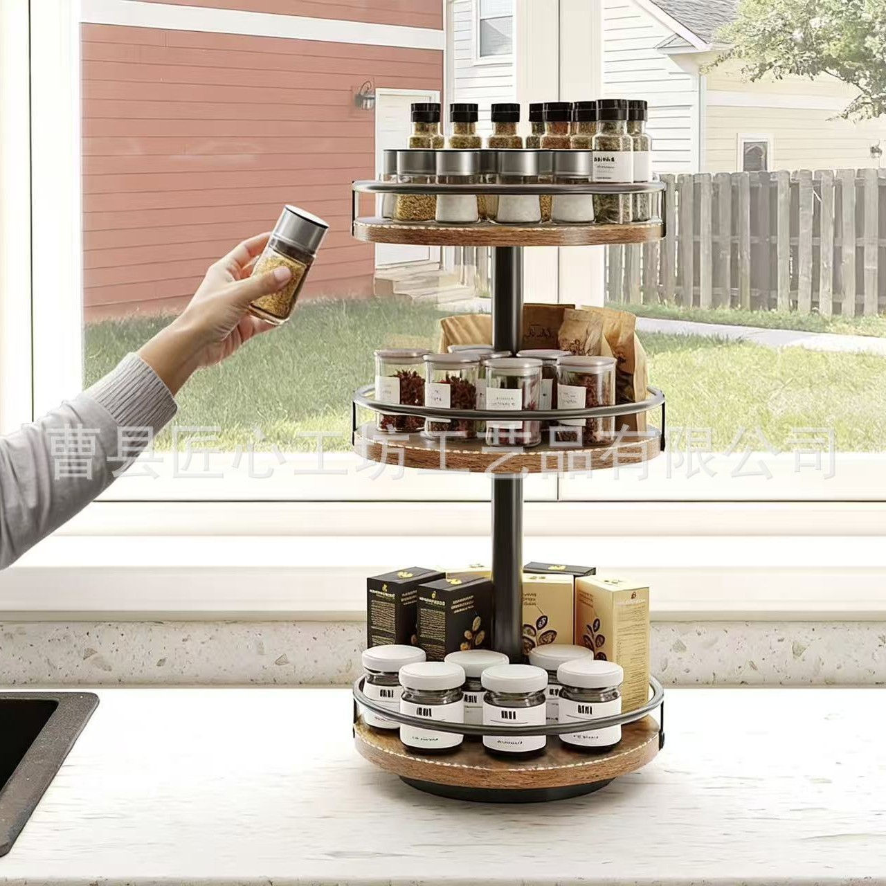 Cross-border wooden kitchen rotating storage rack kitchen countertop organizing rack layered storage rotating spice rack spice rack