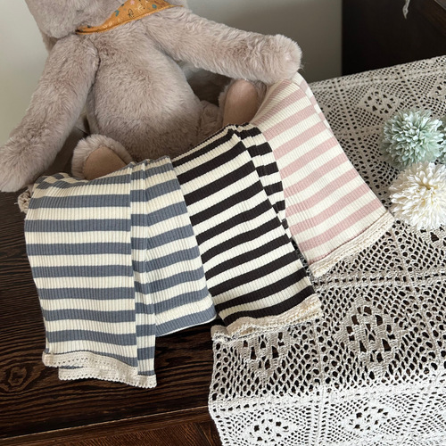 Korean Children's Clothing 2024 New Spring Girl's Striped Contrast Leggings Children's Versatile Elastic Lace Pants Trendy
