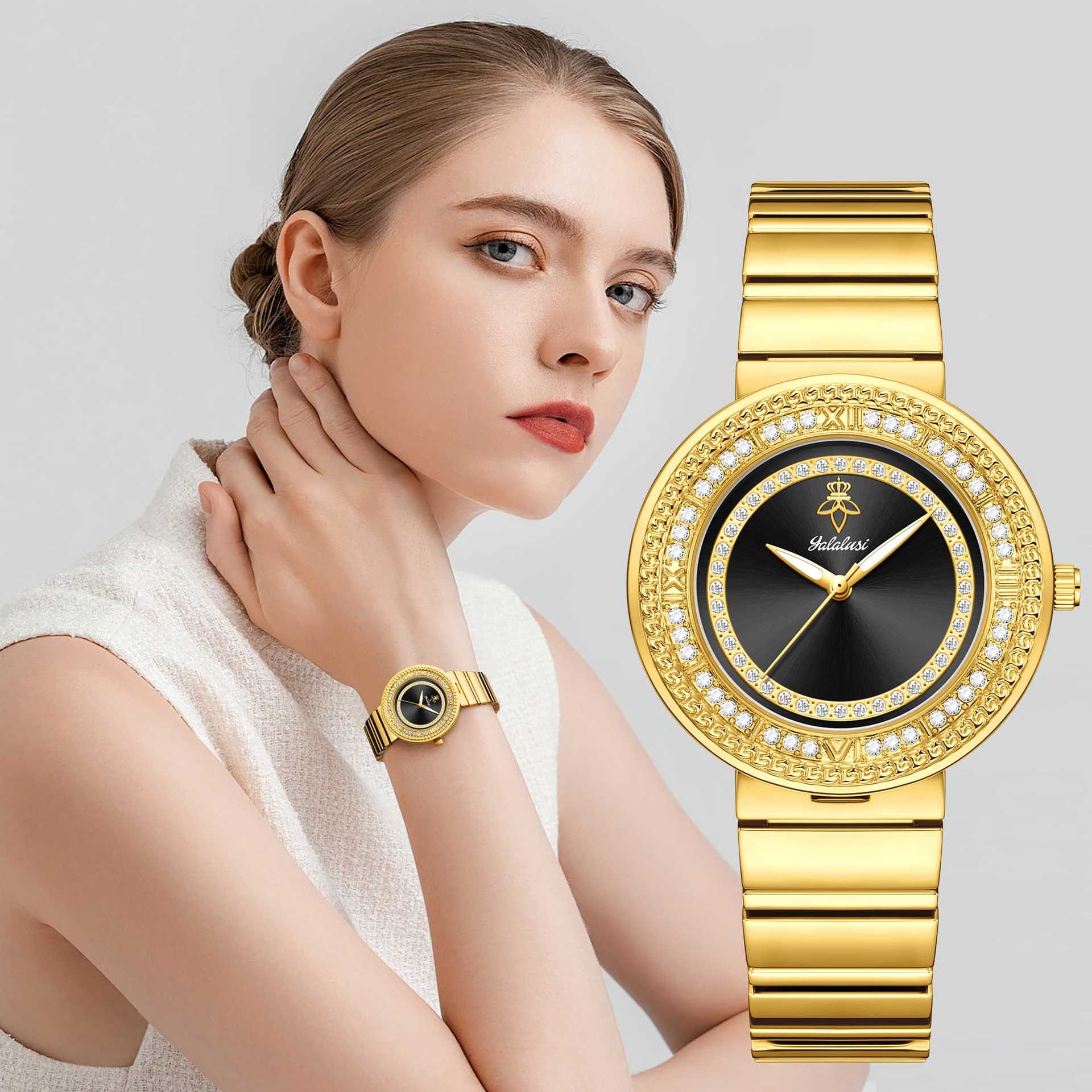 Yalalusi Gold Diamond Dial Women's Watch Light Luxury Women's Watch Advanced Quartz Fashion Hot Selling Cross-Border Watch