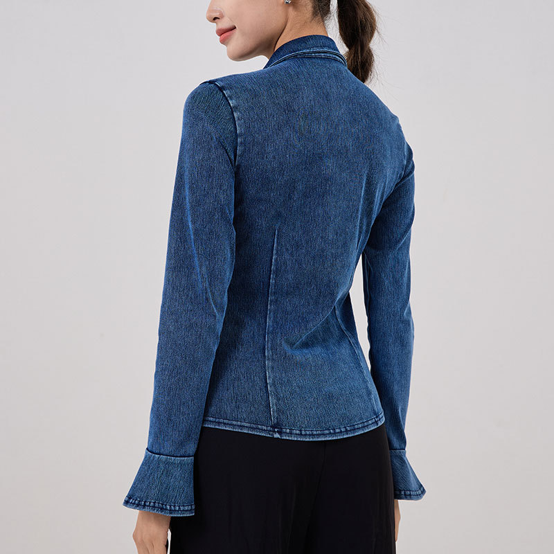 Nueva camisa de vaqueros con mangas de cuerno, camisa de vaqueros con cuello delgado, hebilla de metal elástica, chaqueta deportiva de fitness