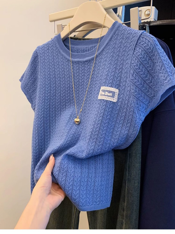 Gejia モールの同じスタイルの女性の 2025 夏ブルーアイスシルクニット半袖 Tシャツ多用途ラウンドネックショルダートップ|undefined