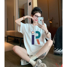 慵懒风复古圆领纯棉短袖T恤女夏韩系中长款个性彩色印花字母上衣
