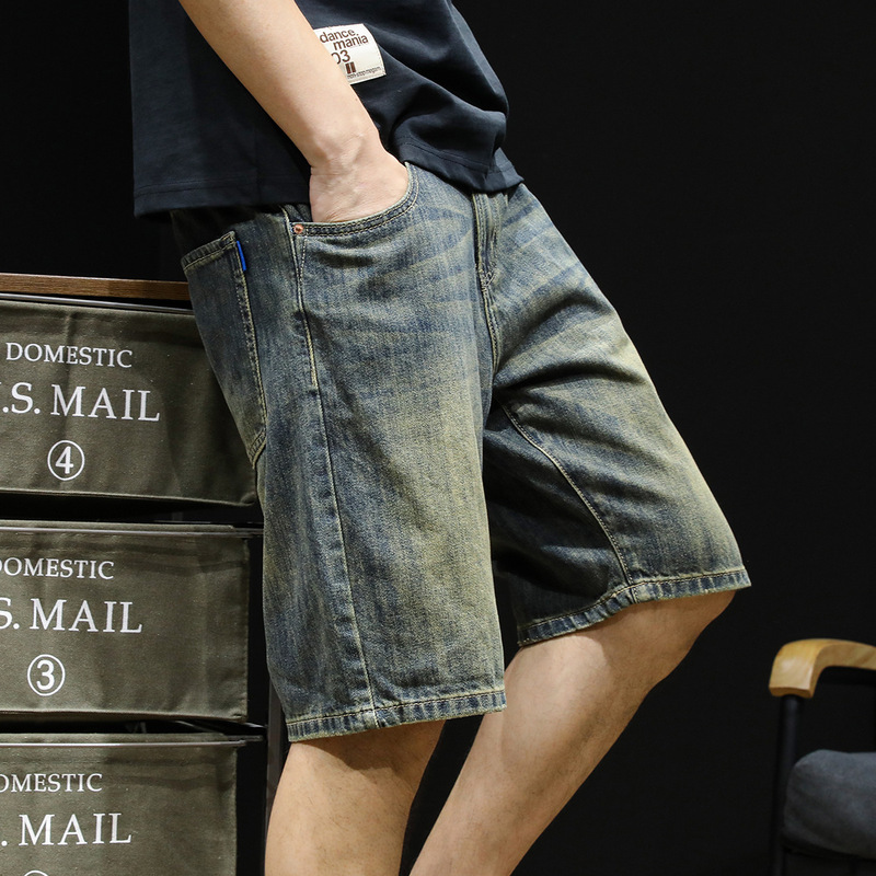 Vintage Denim Shorts Men's Five-point Pants Summer Trendy Brand 24 New Loose Large Size Pants Men's Five-point Pants