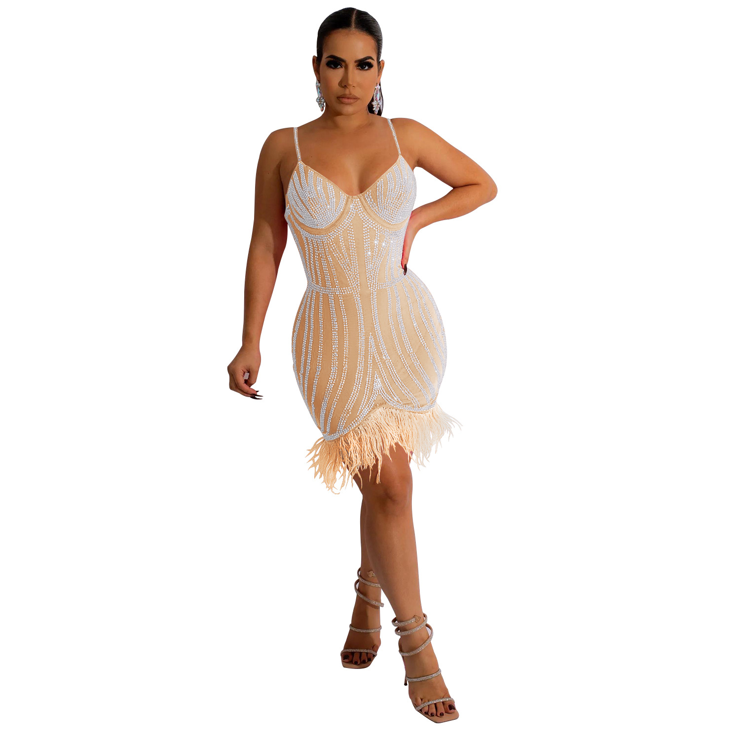 C6156 transfronteriza AliExpress Amazon moda europea y americana de las mujeres sin mangas envuelto pecho rhinestone pluma correa de hombro vestido