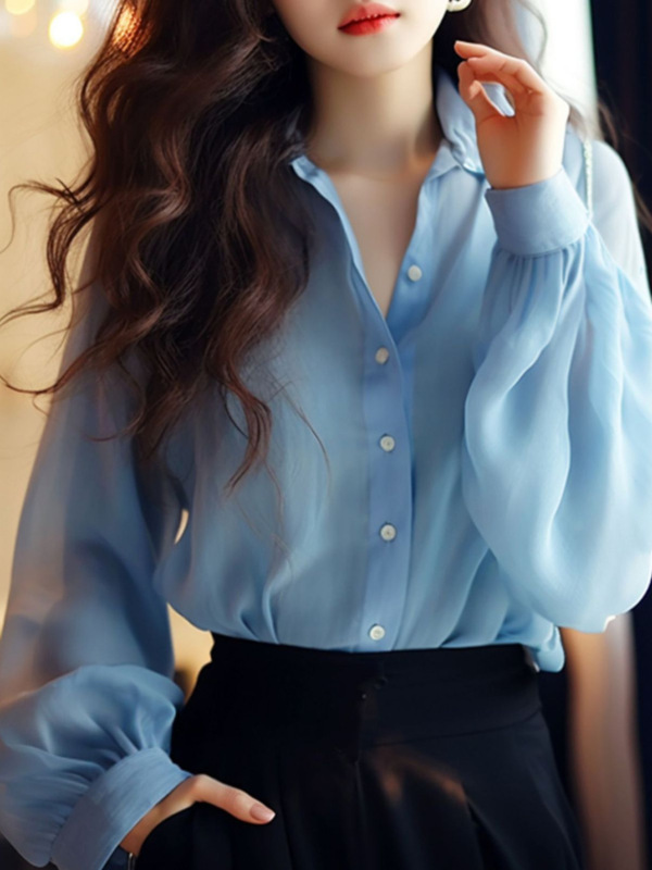 ファッションレトロ気質香港風ブルーシフォン長袖シャツ女性春の新作|undefined