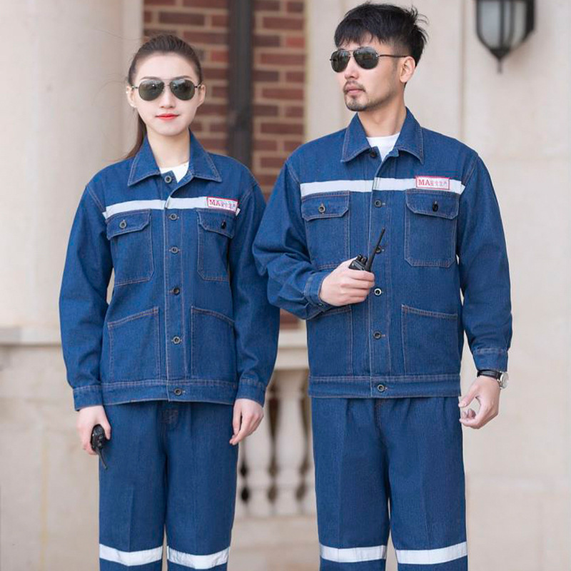秋用デニム作業服セット 反射ストリップ付き 溶接工 電気技師 作業服 建設現場 長袖作業着 男性用 卸売|undefined