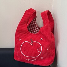 日系复古红苹果包包女小众设计感灯芯绒手拎包学生上课帆布包斜挎