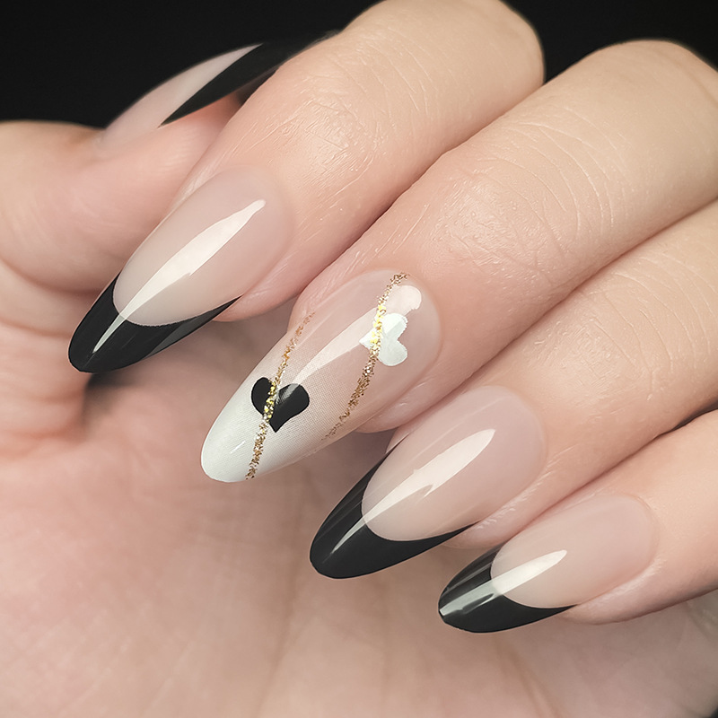 European and American Cross-border Black French Nail Art Hot-selling Wear Nail Pieces Advanced Gold Line Almond Nail Paste Nail Pieces