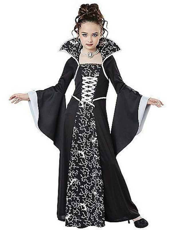 ヨーロッパとアメリカの新しいハロウィン子供用コスチューム魔女コスチューム中世レトロレースアップスタンドカラーベルスリーブプリントロングスカート|undefined