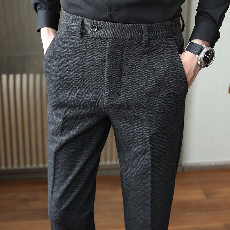 Pantalones de lana de espiga de una sola pieza entrega de otoño e invierno engrosados pantalones delgados de negocios cepillados pantalones de traje pequeño hombres