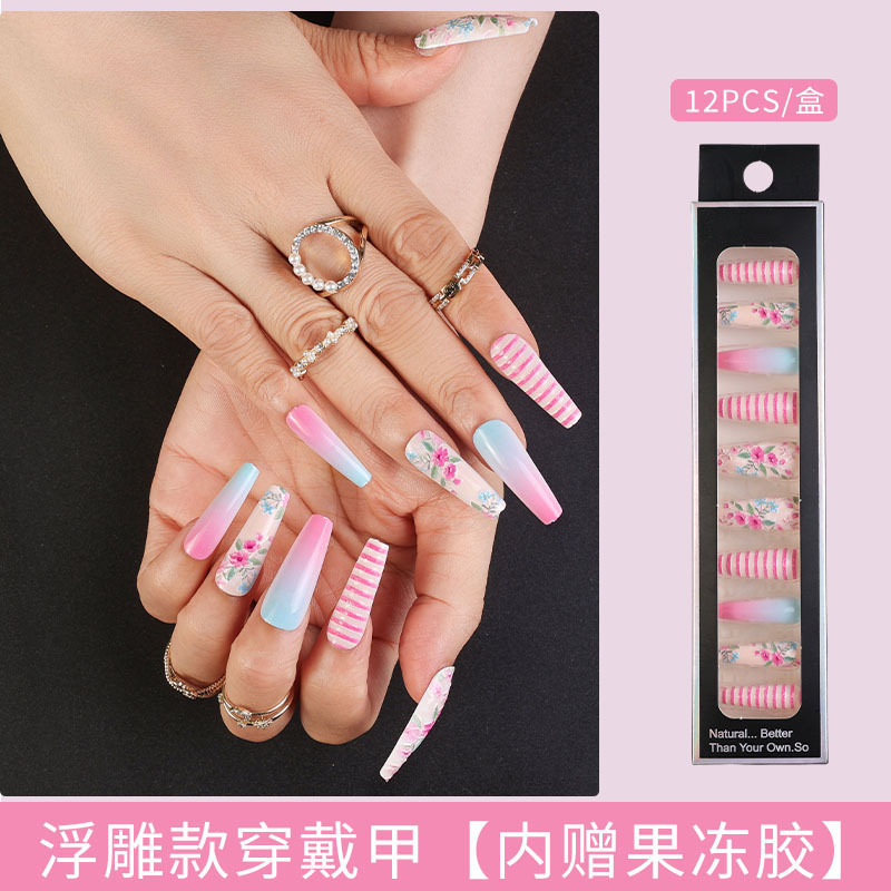 Uñas largas desmontables parches de uñas falsas comercio exterior productos terminados de manicure de novia en relieve parches de uñas