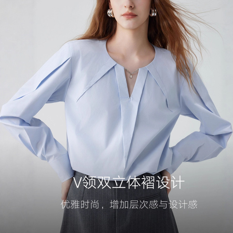 ELLE同款   蓝色v领短衬衫女2025秋新款极简通勤风休闲衬衣|undefined