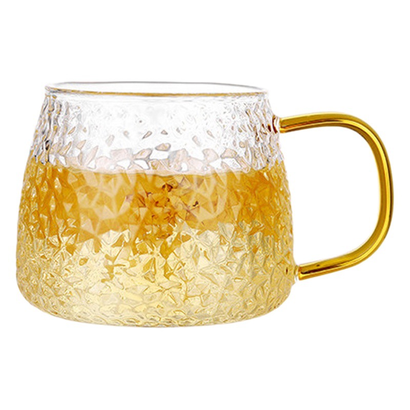 Venta al por mayor borosilicato martillado taza de té de vidrio espesado jugo leche taza de té con mango piña taza de té