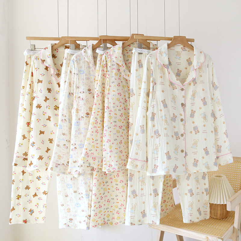 Crepe Lapel with Chest Pad Luna Maternity Pajamas Spring and Autumn Postpartum Nursing Long Sleeve Sweat-absorbent Home Clothes suit