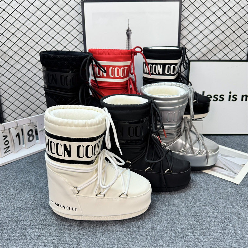 2024 새로운 상승 된 가을 및 겨울 달 밝은 부츠 여성용 미끄럼 방지 따뜻한 스노우 부츠 젊은 부츠 미들 배럴 레이스 업이있는 트렌디 부츠