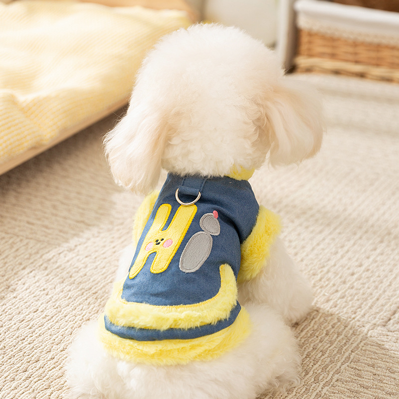 Amarillo HI cara sonriente tracción chaleco de algodón vaquero pequeño perro dos pies sin mangas para salir con ropa de perro mascota