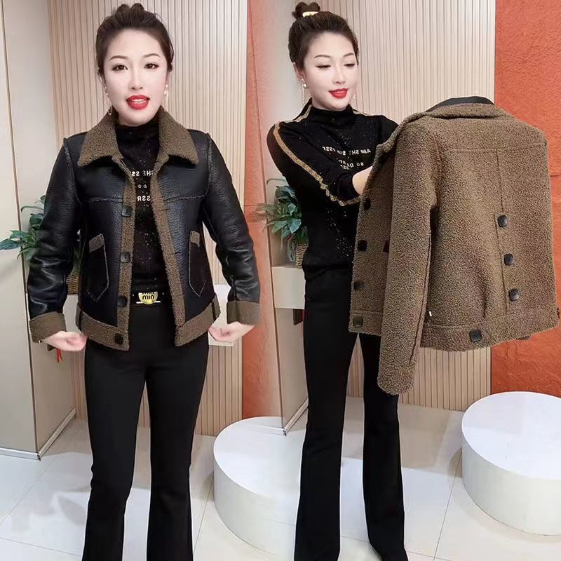 2025 Autumn and Winter New Style Velvet Thickeneded Internet Celebrity Pu Leather Jacket Imitation Lamb Fur One-Piece Reversible Jacket for Women