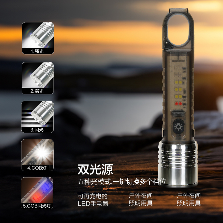 Nuevo blanco linterna láser gancho magnético luz lateral LED rojo azul flash camping luz fuerte luz telescópica zoom