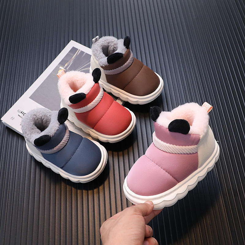 Winter Children's Cotton Shoes fleece-lined Thickened Snow Boots Warm Non-slip Boys and Girls Soft Sole Cotton Slippers Waterproof Leather Cotton Boots
