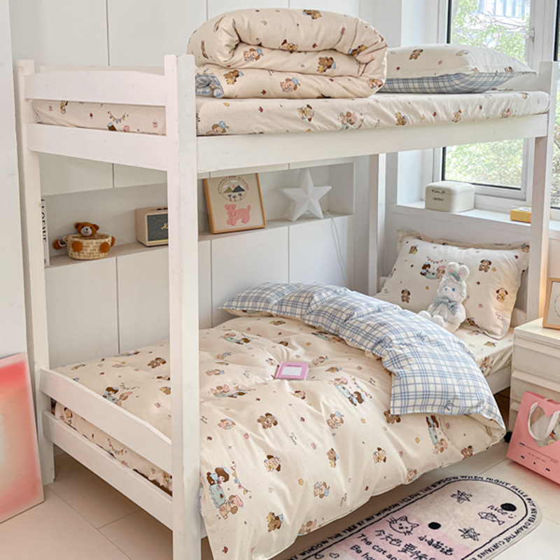 Juego de sábanas impresas de algodón de cuatro piezas Juego de tres piezas para estudiantes individual y doble, dormitorio doméstico de primavera y verano, sábanas lavables a máquina