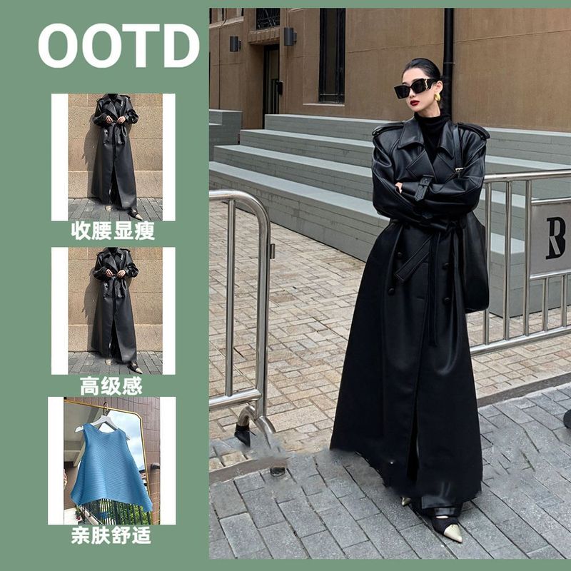 雅痞层次感PU皮2025新款气质长款皮风衣女收腰外套秋冬|undefined