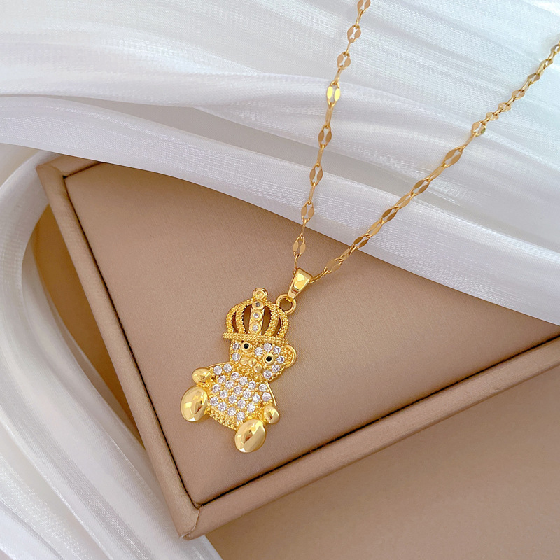 Gorgeous Diamond Bear Pendant Necklace In Titanium Steel For Women_voghion.com