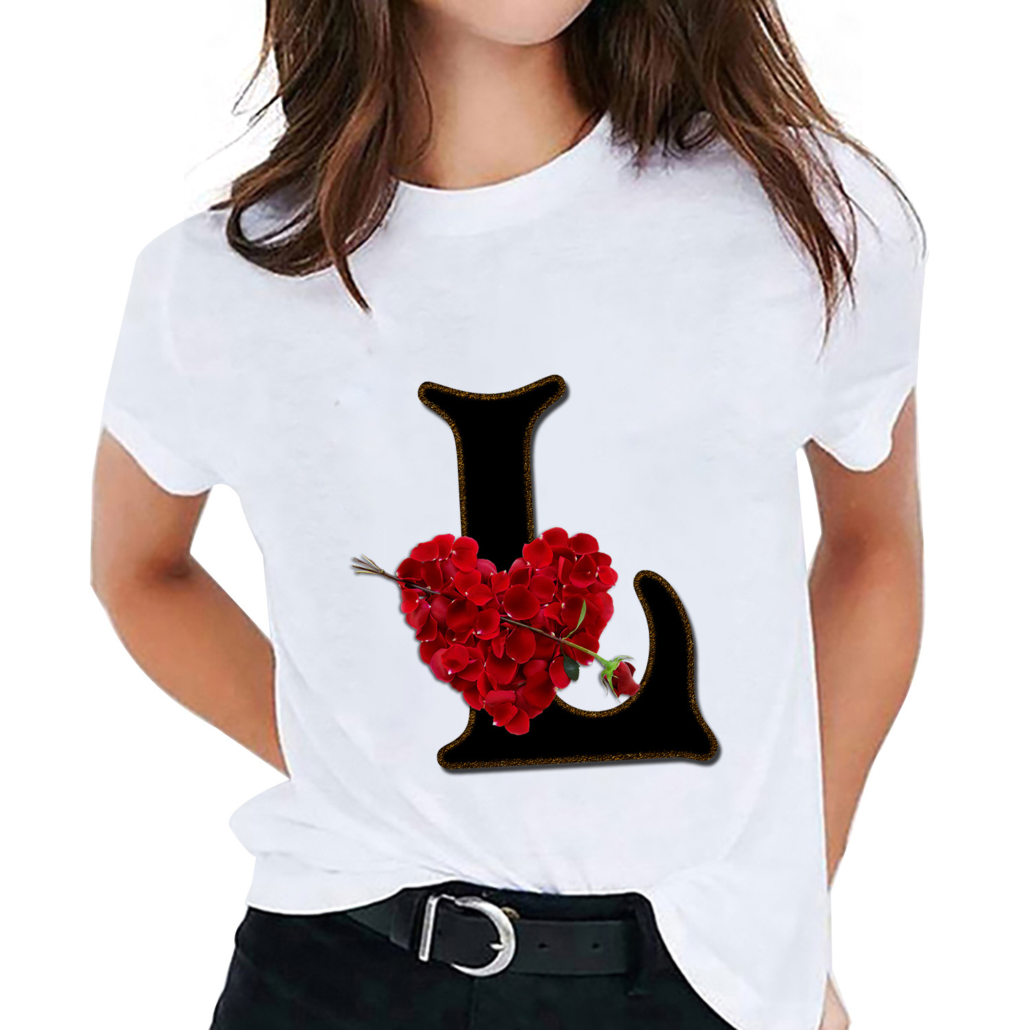 Daily Occasion Round Neck Neckline Wholesale Women'S Fashion Letter Heart Shape Short Sleeve Printing T-Shirts