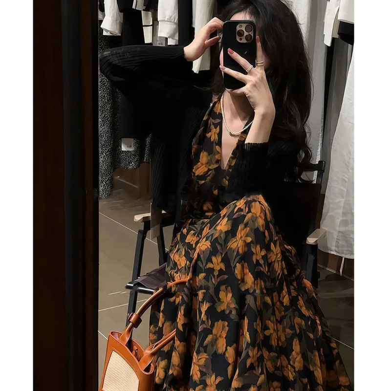 Plus Size Floral Dress Suit for Women in Spring and Summer Thin Sun Protection Cardigan French Retro Waist Vest Dress