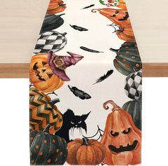アマゾンの人気ハロウィーンカボチャ秋猫亜麻テーブル旗キッチン食事室内外家庭パーティ装飾