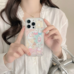 細かい星柄の花柄とウサギの磁気スタンド付きケース、iPhone17/Apple 16ProMax/15/14対応