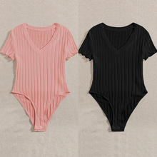 速卖通2023夏季亚马逊欧美跨境女装性感紧身纯棉罗纹圆领连体衣女