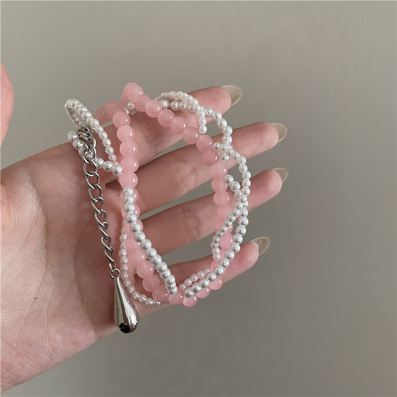 Pink Round Beads Pearl Double Layered Clavicle Chain Ins Wind Drop Pendant Necklace Necklace display picture 7