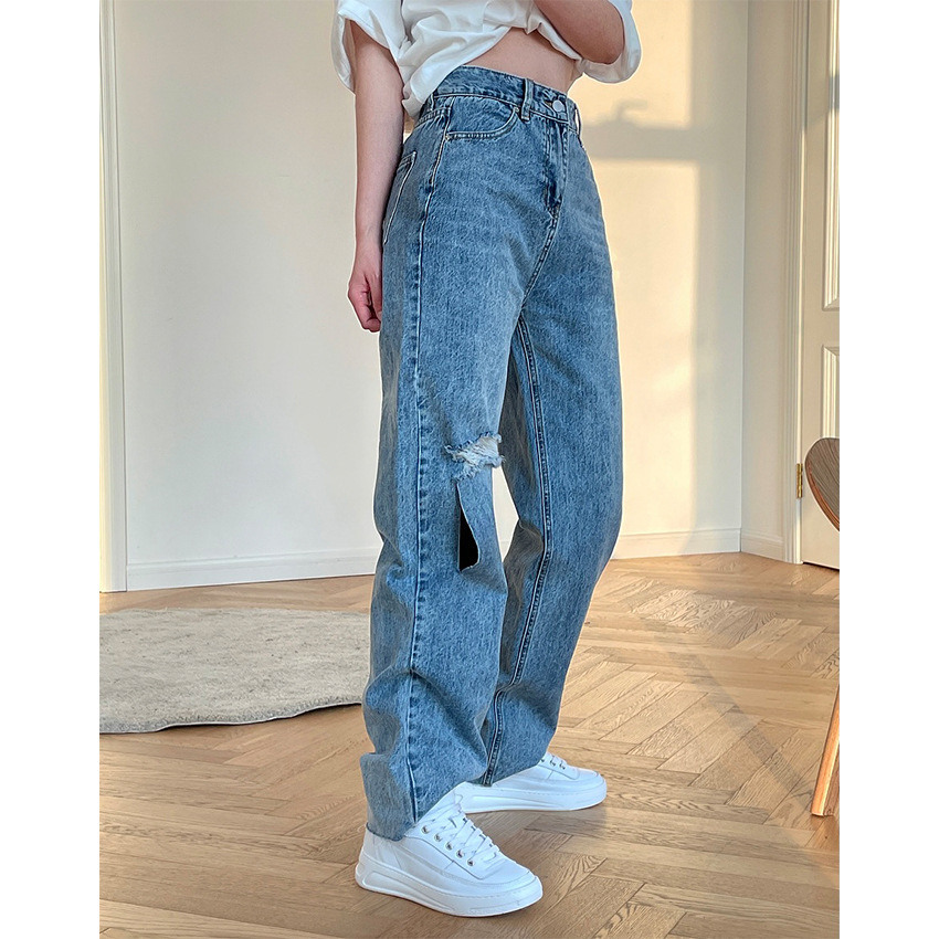 Summer new European and American trendy street broke high waist straight jeans loose slim light colored water tattoo women