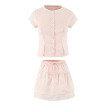 花边单排扣圆领单排扣短袖短款衬衫+高腰松紧腰荷叶边半身裙套装